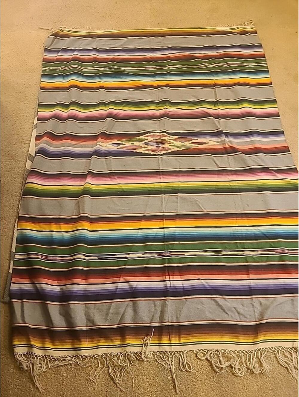 Vintage Cotton Loom Woven Blanket Throw Saltillo Serape Mexico 89"x62" W Fringe